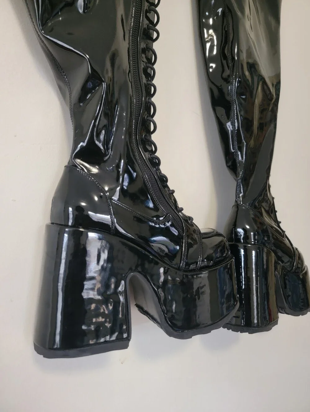 Demonia Camel 300wc High-Shine Black Patent Platform Knee-High Boots